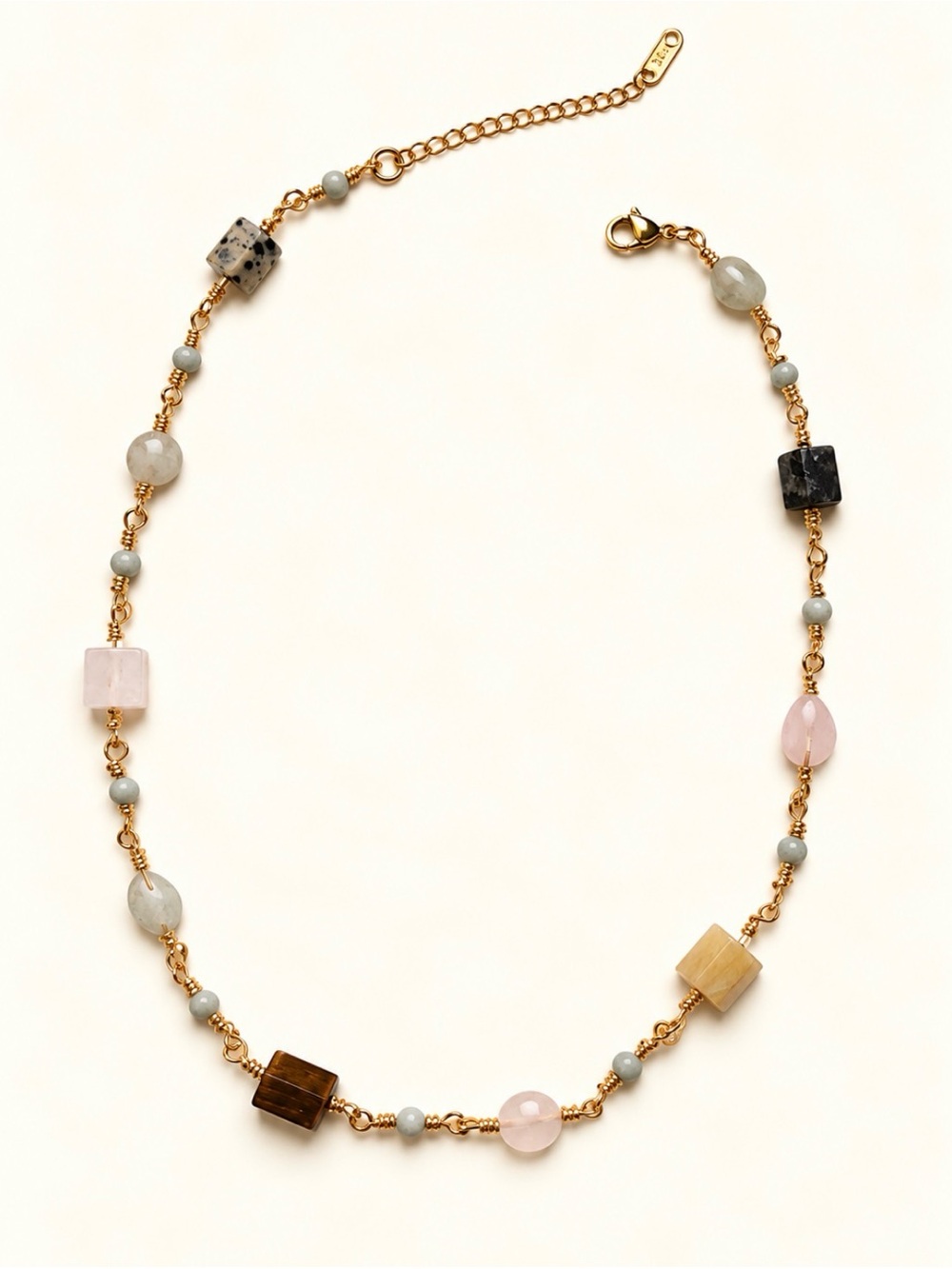 Handmade Gold-Tone Beaded Necklace with Pink and Neutral Gemstones